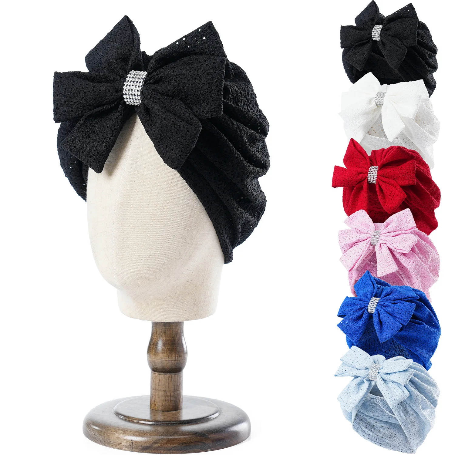 Women's Fashion Bows Hat Bonnet Solid Color Hollow Breathable Mesh Sheer Hat Girl Knotted Turban Head Wraps Beanie Cap