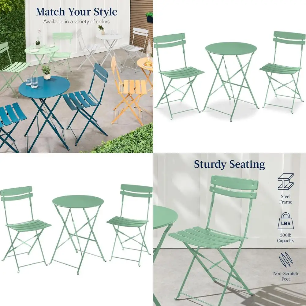 

Компактный уличный набор для бистро с 2 стульями и столом, цвет шалфейно-зеленый, прочная стальная конструкция