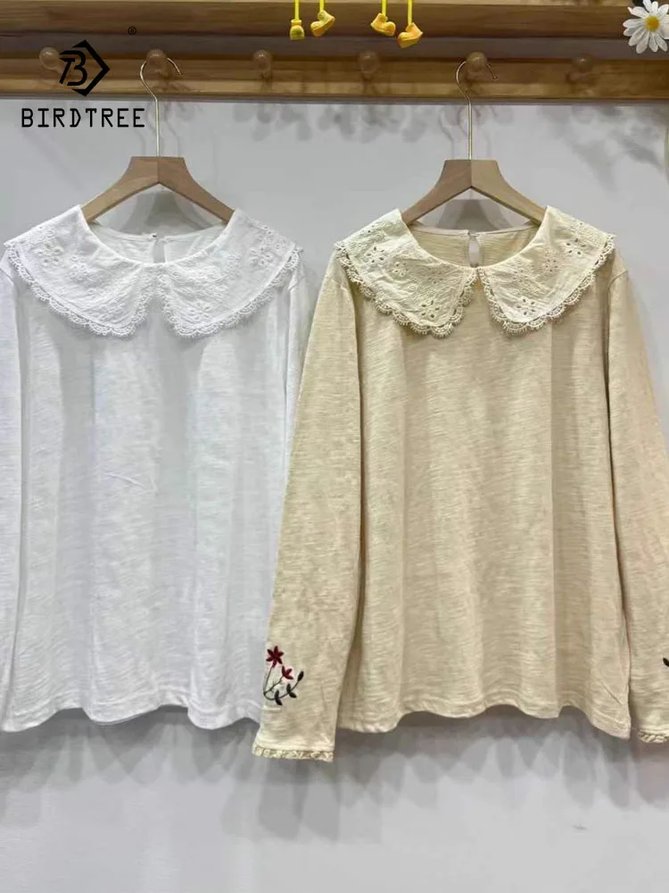 

New 2026 Spring Cotton Long Sleeve T-Shirt, Women Peter Pan Collar Embroidery, Mori Girl Sweet Age Reduction Loose Tee T5D617CC