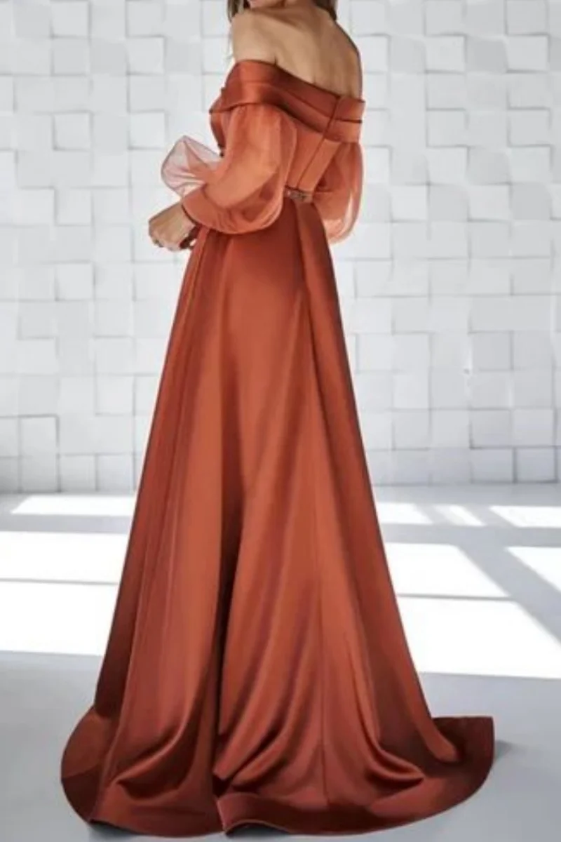 Fashion Dark Orange Off the Shoulder A-line Prom Dresses Transparent Tulle Long Sleeve Pleats Ruffles Evening Dresses with Belt