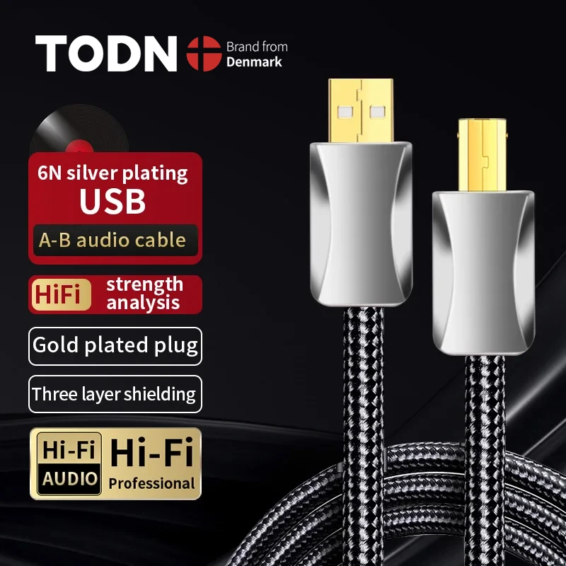 كابل USB TODN Hifi عالي الجودة 6N مطلي بالفضة من النوع A إلى B HiFi كابل مشغل DAC الصوتي سلك بيانات الطابعة كابل USB A-B