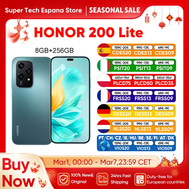 Globale Version Honor 200 Lite 5G Smartphone 8GB+256GB Mediatek Dimensity 6080 AMOLED 6,7 Zoll 4500mAh 35W SuperCharge 108MP