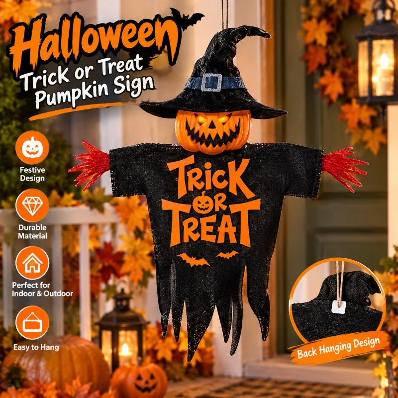 Halloween Wooden Sign Pumpkin Monster Face Trick or Treat Sign with Rope Hanger for Porch Wall Garden Party Decor