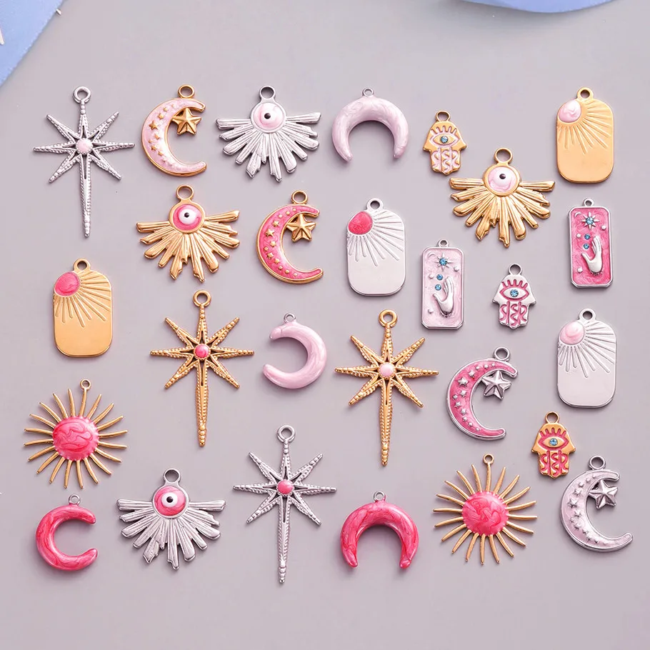 2 Stück Rosa Hot Pink Emaille Vintage Sonne Mond Stern Anhänger Edelstahl Charms für Schmuckherstellung DIY Schlüsselanhänger Charm – Detail 2