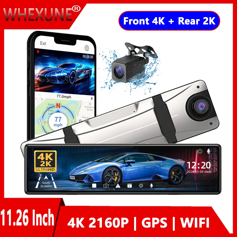 UHD 4K سيارة مرآة الرؤية الخلفية DashCam WIFI DVR GPS تتبع فيديو داش مسجل السيارات للرؤية الليلية الخلفية 1440P 24H رصد
