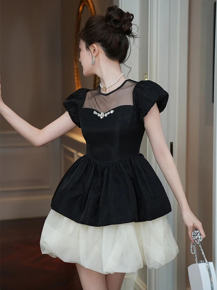 น่ารัก Kawaii สีดําชุดวันเกิดผู้หญิงสไตล์ฝรั่งเศสชุดเค้กผู้หญิง SHEER ตาข่าย Splice ชุดเจ้าหญิง Lady PROM Vestidos