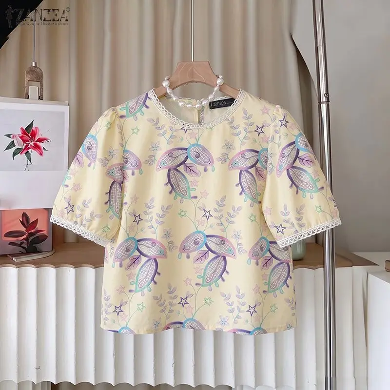 ZANZEA 2026 Woman Floral Print Blouses Elegant Lace Trim O-Neck Short Puff Sleeve Short Tops Summer Casual Daily Wear Blusas 3XL