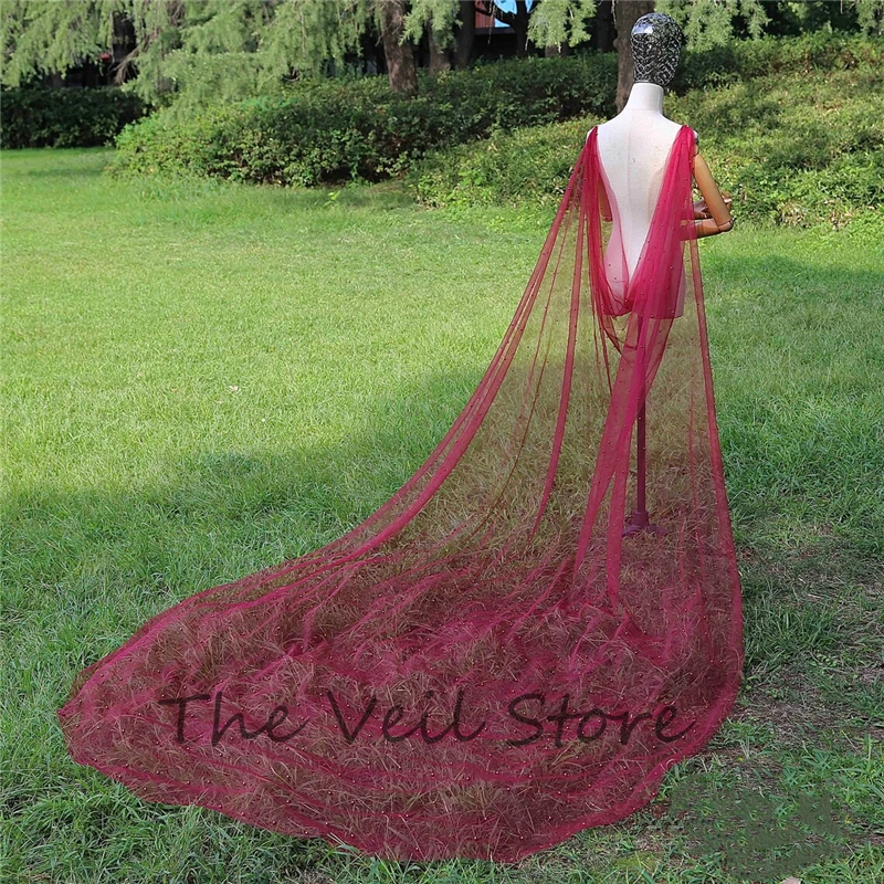 Real Photos Burgundy Pearls Tulle Bridal Cape Draped Veils Wedding Bolero Shrugs Beaded Wine Red Cathedral Long Sparkly 3 Metres