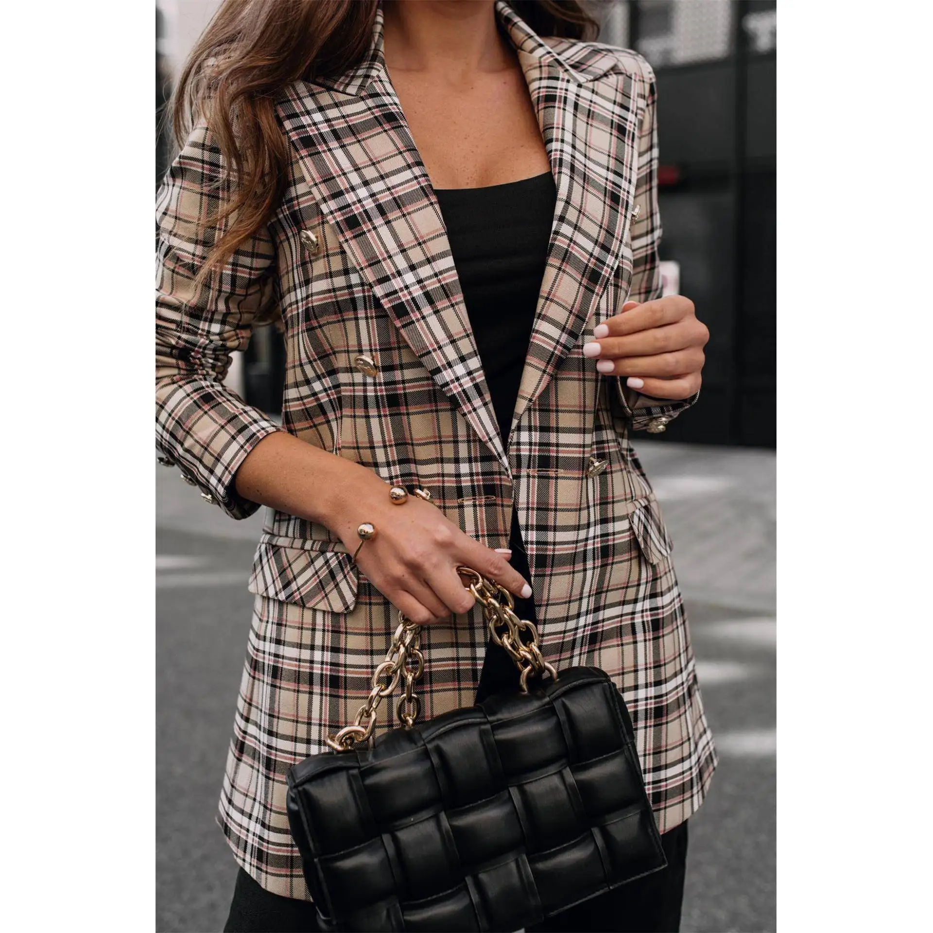 Faionable pak met geruite print Jaet Dames Busin Casual polyestervezel Lange Sve halflange jas Europese Sle