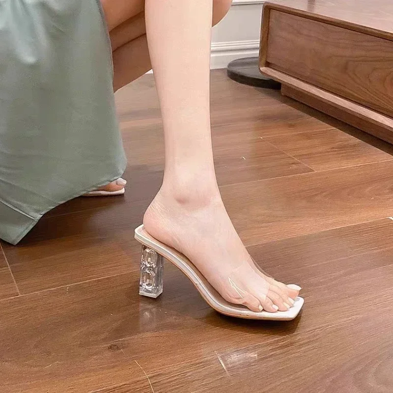 Sandali con punta quadrata da donna con tacchi alti trasparenti estivi pantofole con tacco da sposa con tacco alto trasparente da donna