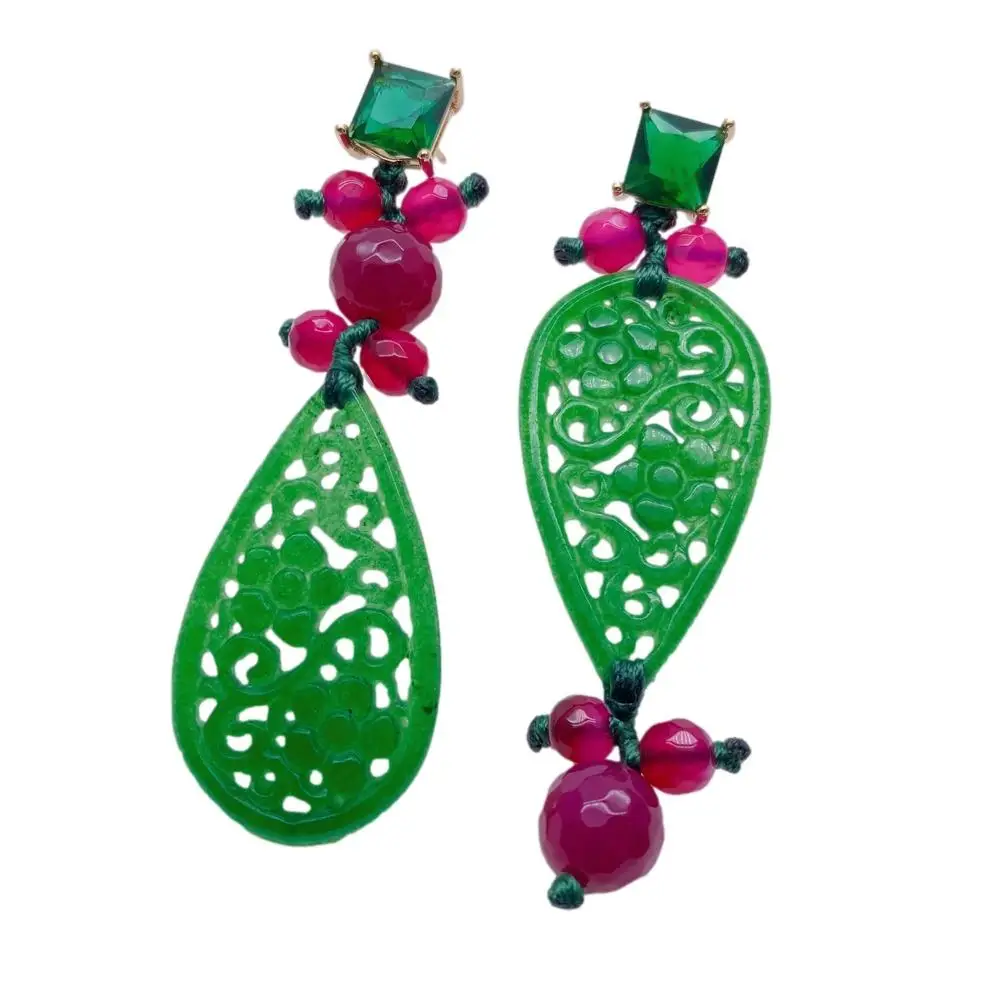 Y·YING Carved Green Jade Fuchsia Agate Green Rhinestone Stud Drop Earrings