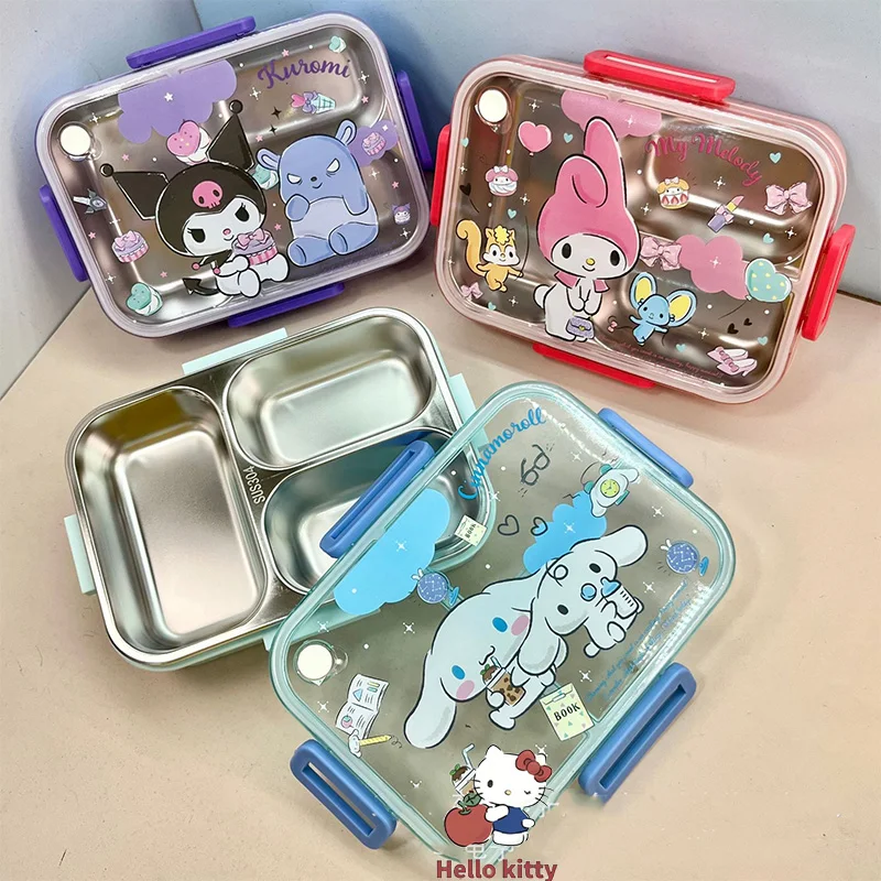 Sanrio Cartoon Insulated Lunch Box Kuromi Melody Three Grid Split Office Lunch Box Student Stainless Steel Leak Proof Lunch Box