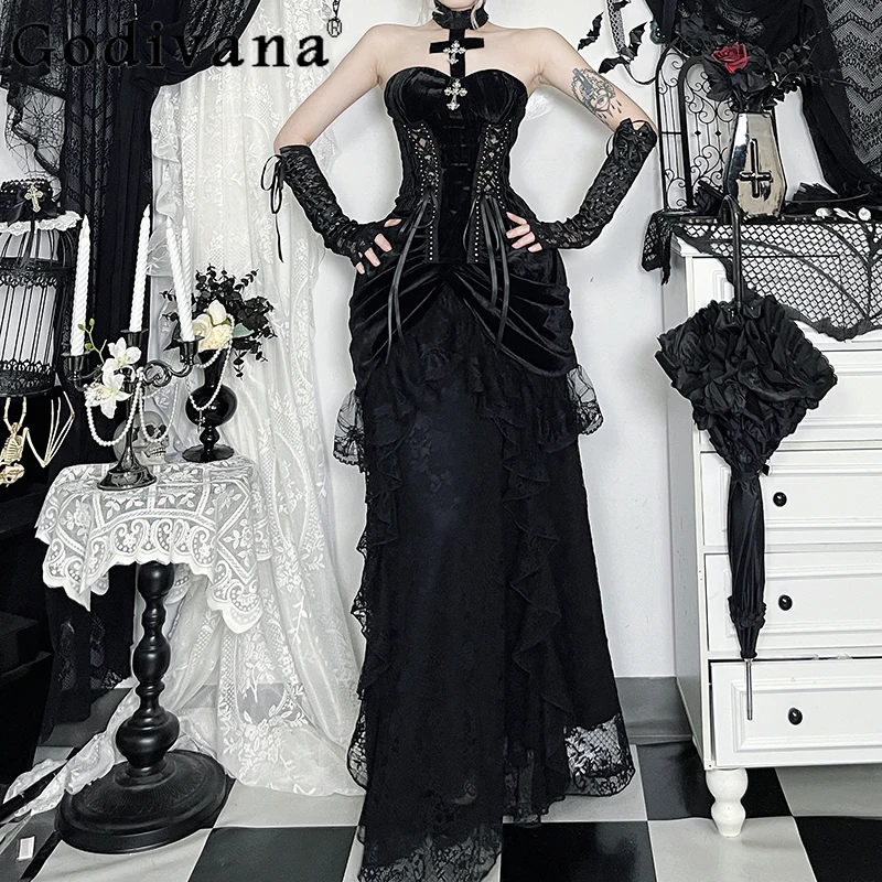 

Gothic Halloween Dark Style Costumes Sets Women Victorian Collarless Top Velvet Skirt Subculture Suit Female Black Cosplay Set