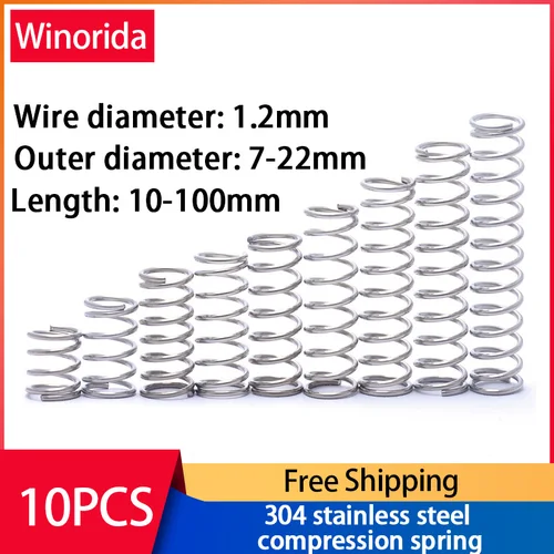 Resorte de compresión de acero inoxidable 304, resorte de retorno, alambre de acero Diámetro 1,2 mm Diámetro exterior 6 ~ 22 mm 10 piezas