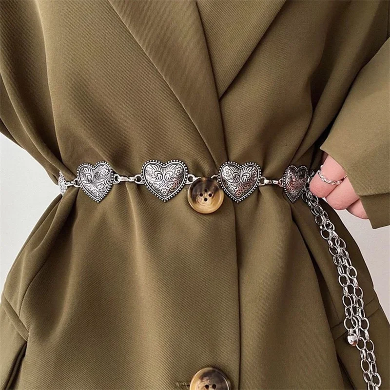 Love Heart Metal Waist Chain Women Retro Versatile Silver Color Waist Chain Dress Short Skirt Gothic Chain Fashion Accessory