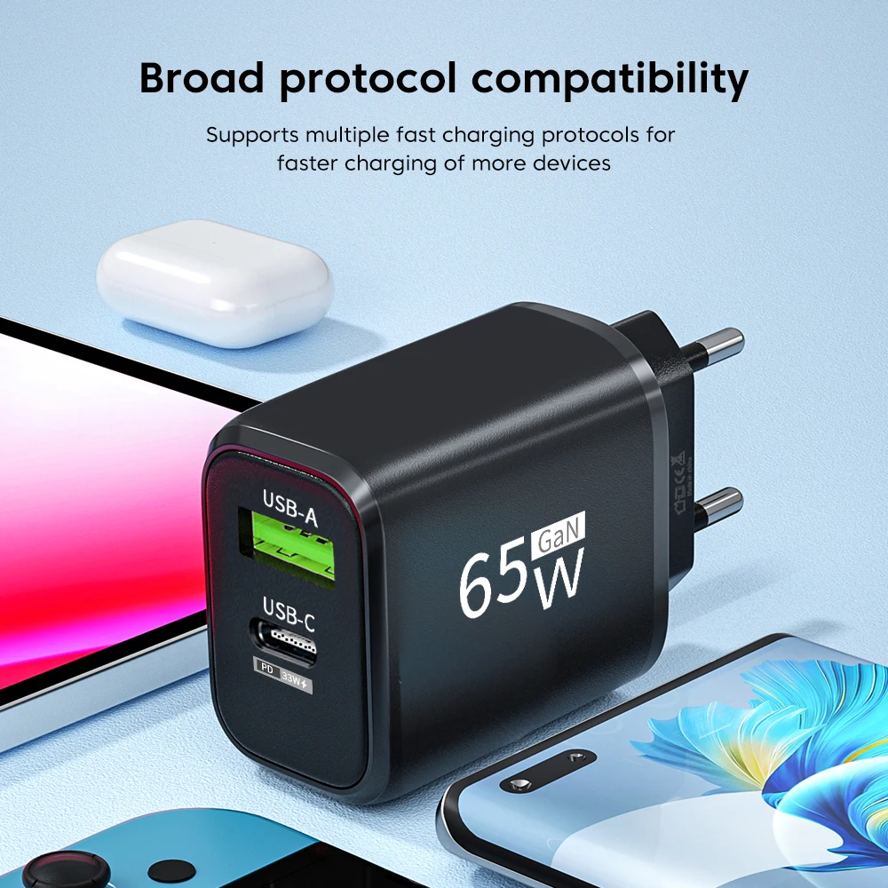 65W GaN PD Fast Charger USB Type C Quick Charge 3.0 Mobile Phone Charger EU/US Plug Wall Adapter For iPhone 17 Xiaomi 17 Samsung