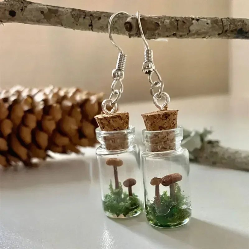Real Mushroom Earrings Jar/Bottle Mushroom Glass Container Moss Earring Cabin Leprechaun Natural Dry Moss Magic Gift Forest Core