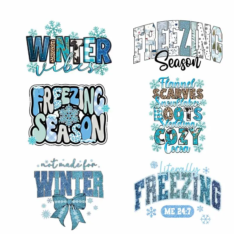 Christmas Winter DTF Transfer Print Sticker For Clothing Hooding Bule Freezing Season Iron On Heat Transfer Patch On T Shirts