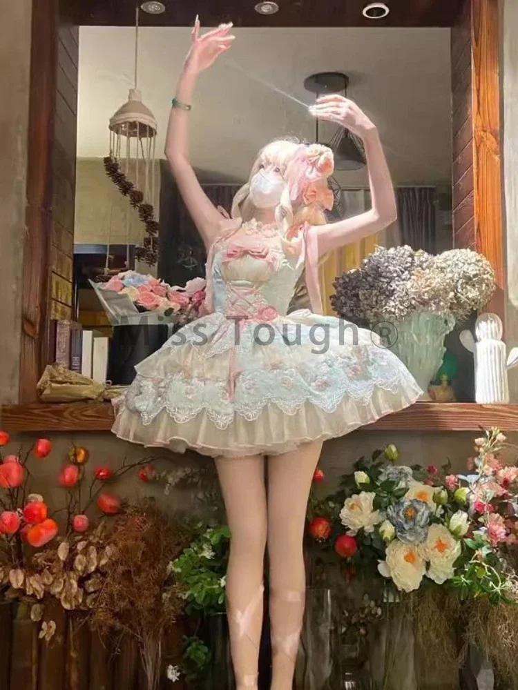 Japanese Kawaii Lolita Sweet Mini Dress Women Vintage Elegant Chic Bow Dress Female Lace Slim One Piece Dress Princess 2024 New