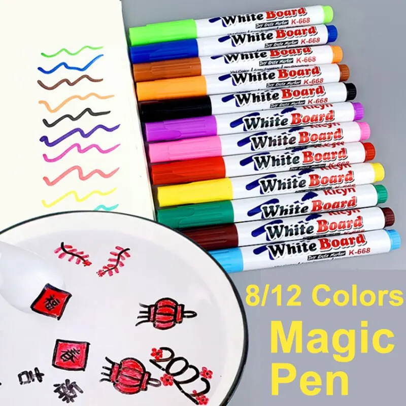 Mágico Água Flutuante Pintura Pincel, Whiteboard Markers, Suspensão Kids Painting Pen, Cores Montessori, Brinquedos Draw, 8 12P