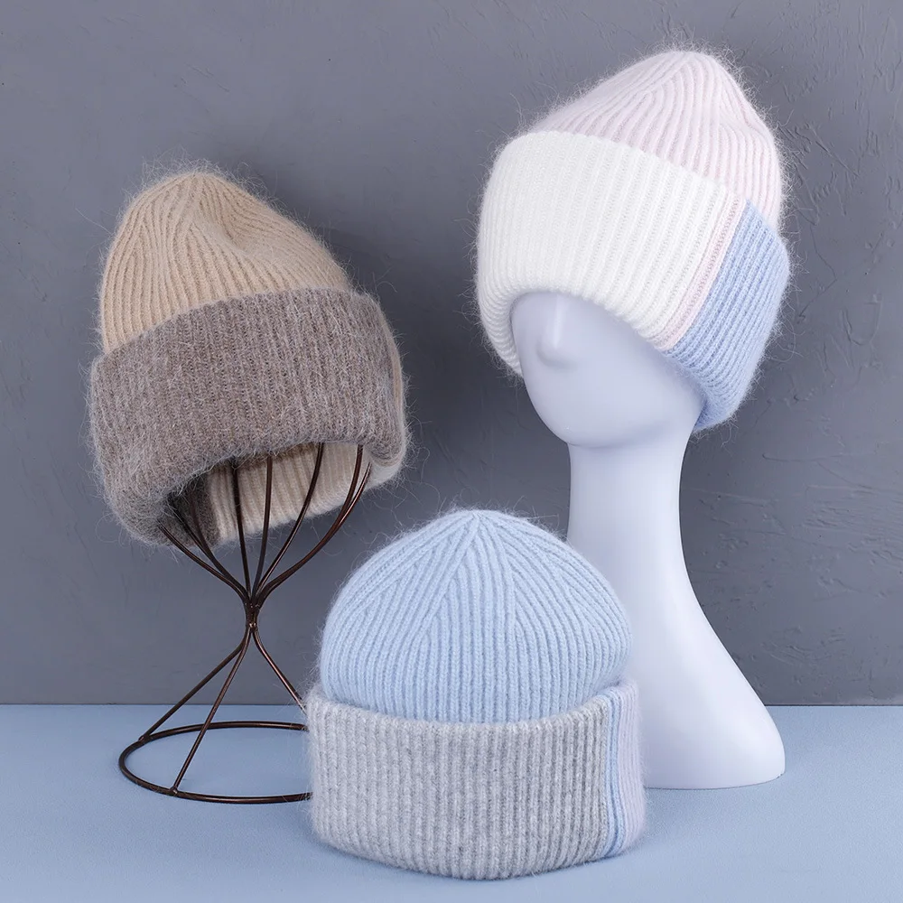 2024 Colored Women\'s Autumn/Winter Versatile Cute Pullover Rabbit Hair Thickened Warm Two tone Knitted Hat