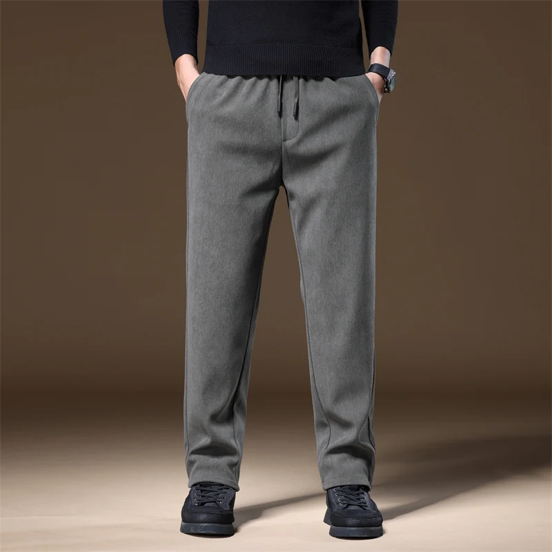 

Straight Cut Clothing Autumn Winter Corduroy Casual Pants Men Pocket Zipper Elastic Waist Thick Outdoors Jogging Trousers Male