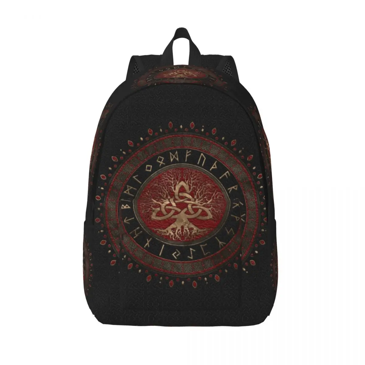 Tree Of Life With Triquetra Black Red Leather And Gold Travel Canvas Backpack Laptop Bookbag Viking Norse Yggdrasil Daypack Bags