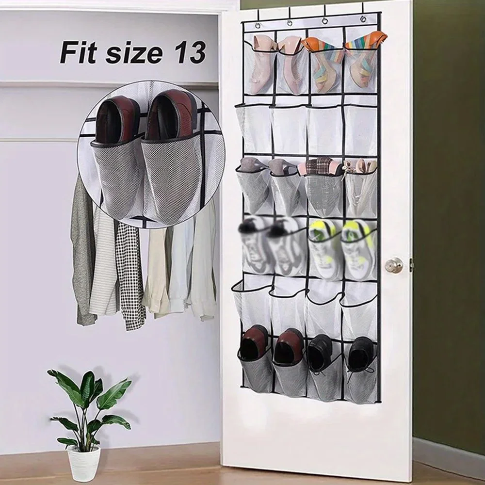 24-Gitter-Wandmontage-Schuh-Organizer für Kleinigkeiten, Stoffschrank, Tasche, Aufbewahrungsregal, Netztasche, transparent, zum Aufhängen über der Tür, Stoffbox – Detail 5