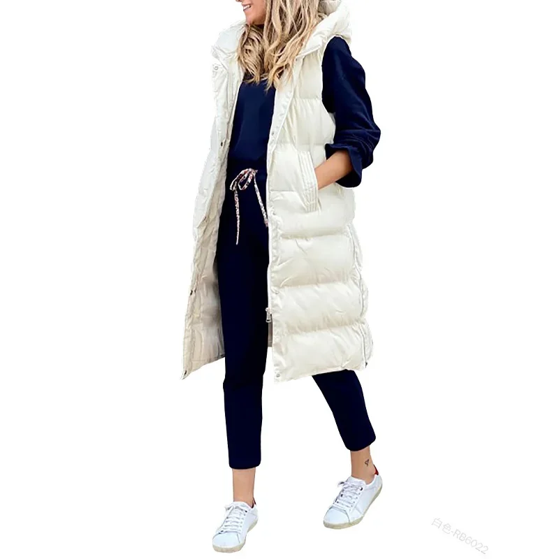 Colete feminino solto com capuz, casaco longo de algodão, novo snowwear, outono e inverno