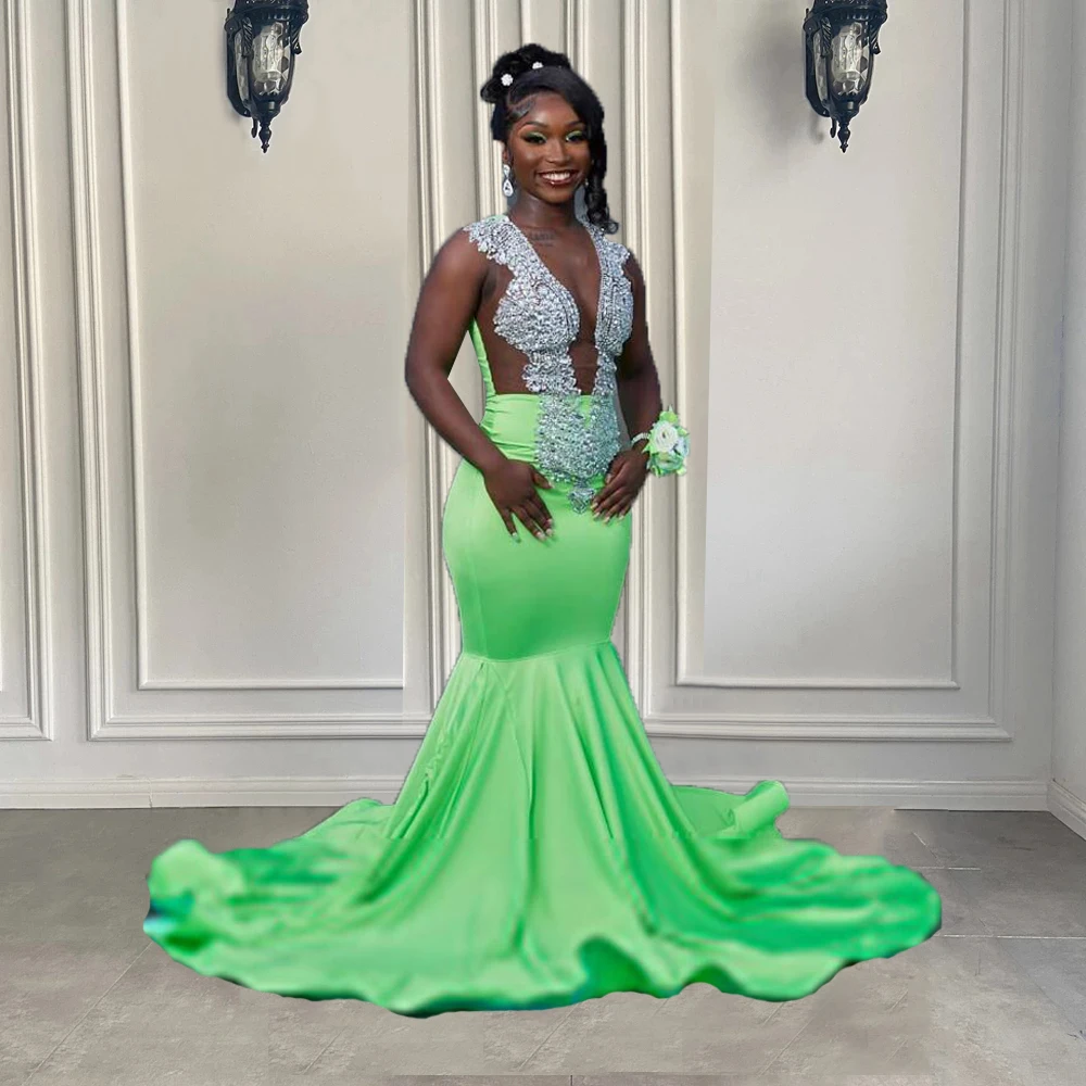 Luxury Green Mermaid Prom Dresses Tailored Crystals Beaded V Neck Black Girls Birthday Party Gowns Vestidos De Noche Elegantes