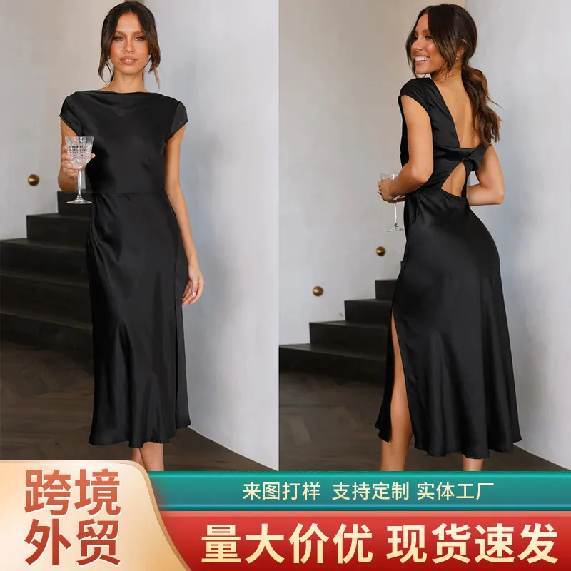 Summer Elegant Dresses for Women Backless Black Party Dress with Side Slit Sexi Night Dress Hot Slim Midi Women Satin Slik Dress