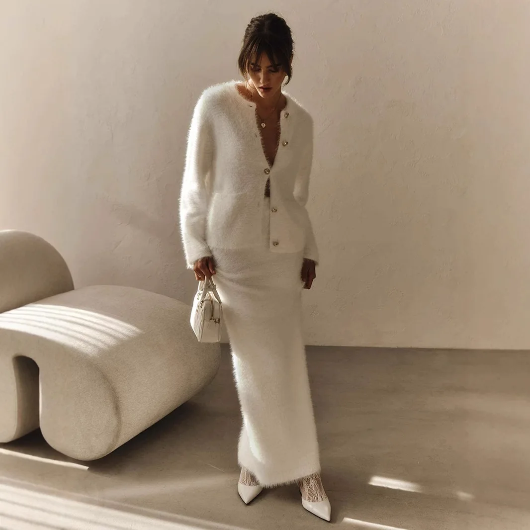 Autumn Winter Outfit Elegant Mohair Women Sweater Skirt Suits Warm Long Sleeve Single Breasted Cardigan Top Slim Long Skirt
