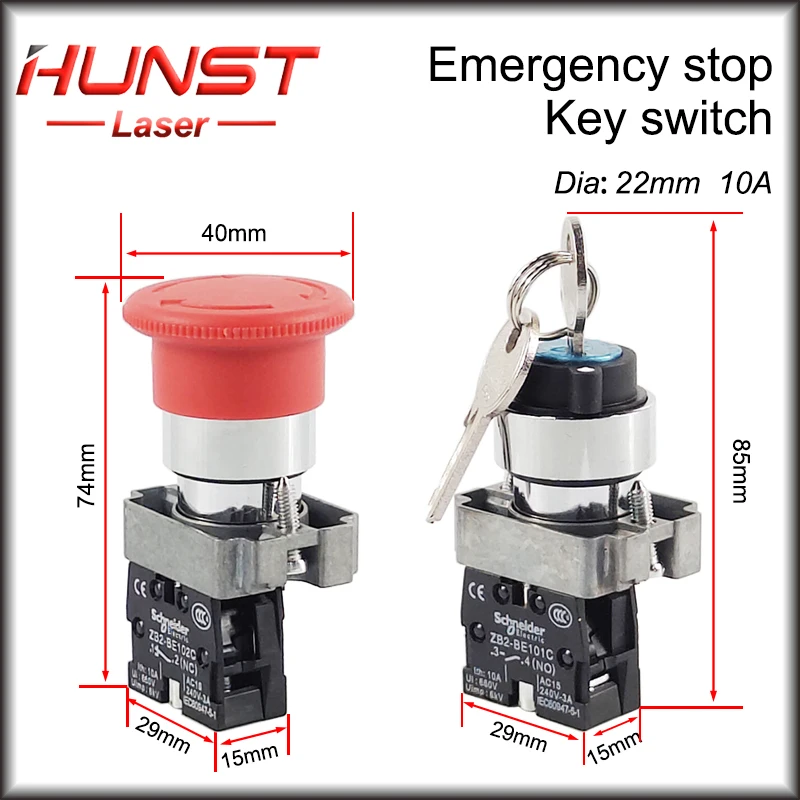 Imagem -02 - Hunst Botão de Parada de Emergência Interruptor Chave nc Co2 Gravura a Laser Máquina de Corte Não Ac15 10a