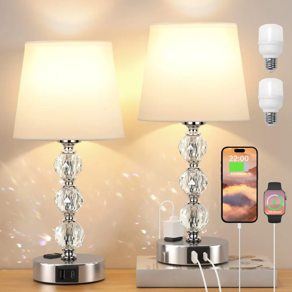 

Bedside Lamps Set of 2, Crystal Nightstand Bedroom Lamp with Two USB Charging Port, 3 Way Dimmable Touch Bed Side Table Lamp