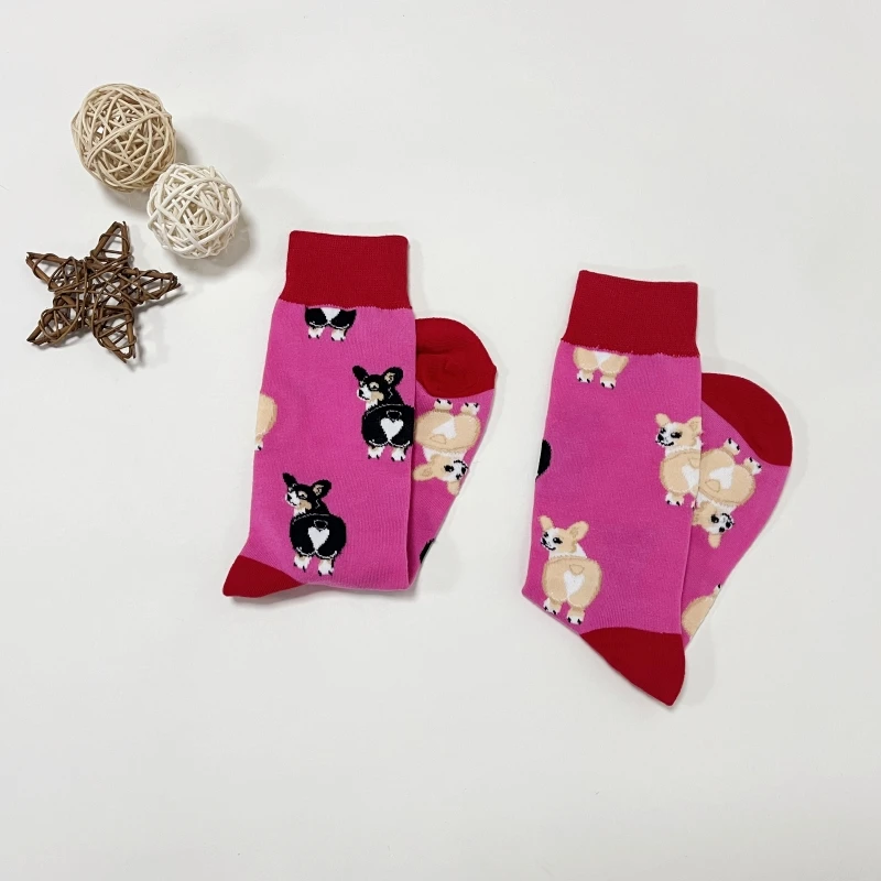 1 par de meias de cano médio femininas com padrão de corgi fofo de desenho animado personalizado para uso diário