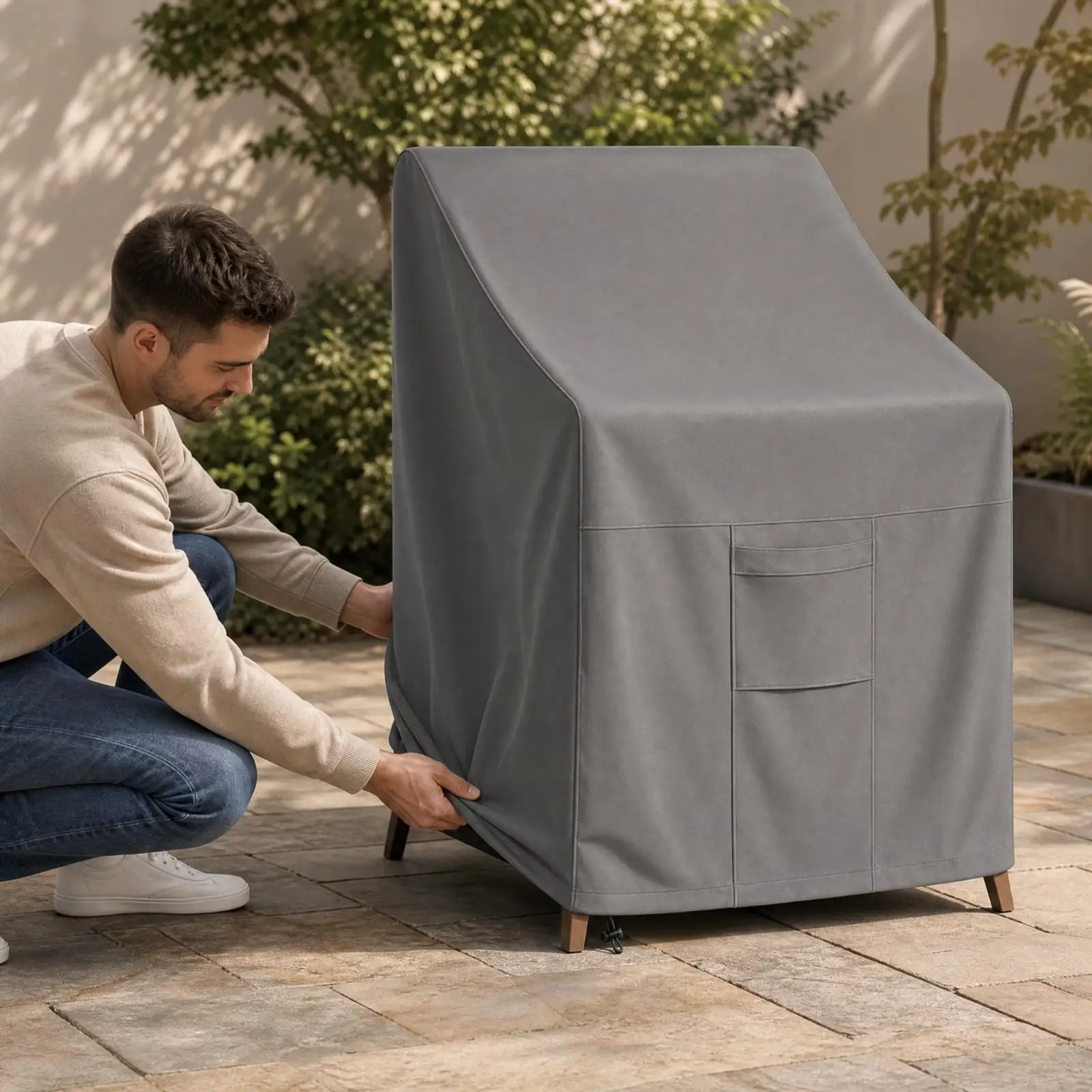 Outdoor Chair Stacking Cover Oxford Waterproof Dustproof Furniture Protector with Drawstring Storage Pocket for Balcony Garden