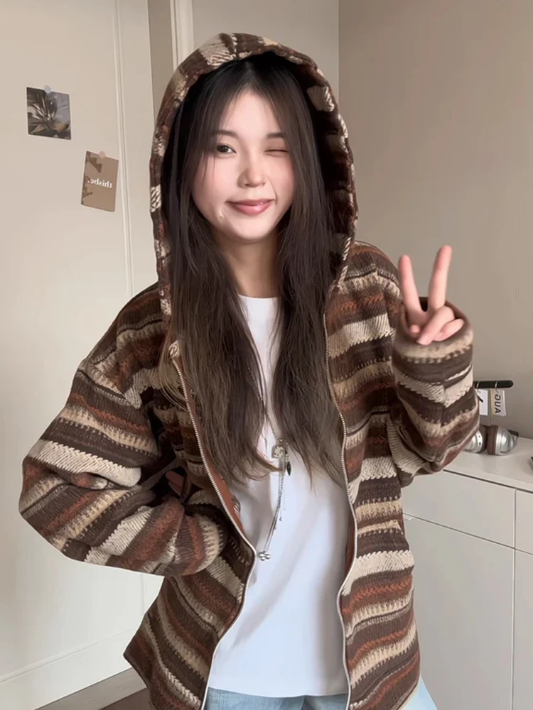 

Retro American Striped Hoodie Men's Knitted Loose Fit Cardigan Spring Autumn Lazy Sle Couple Outerwear Long Sve Zipper