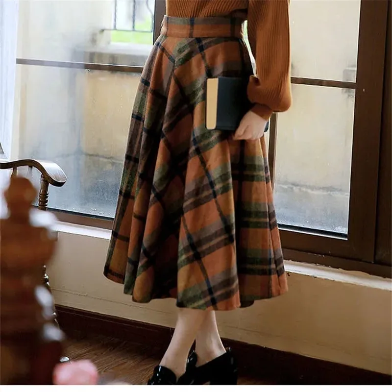 Vintage Two Piece Set Women Knitting Korean Elegant Conjunto Femenino Solid Sweater+plaid Long Skirt Autumn Winter 2023 Clothing