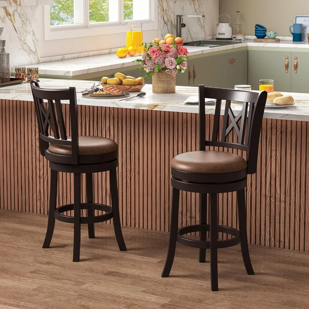 Bar Stools Set of 2, 26” Swivel Bar Chairs with Footrest, Rubber Wood Frame & Hollowed Backrest, Leathaire Counter Heigh