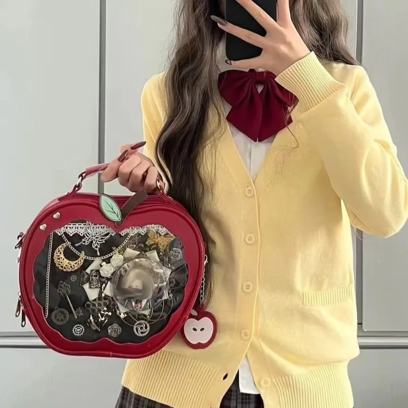 Grid Kawaii Zipper Bag Fruit Red Green Apple PU Transparent Pocket Small Item Bag Idol Merchandise Storage Fashion Backpacks