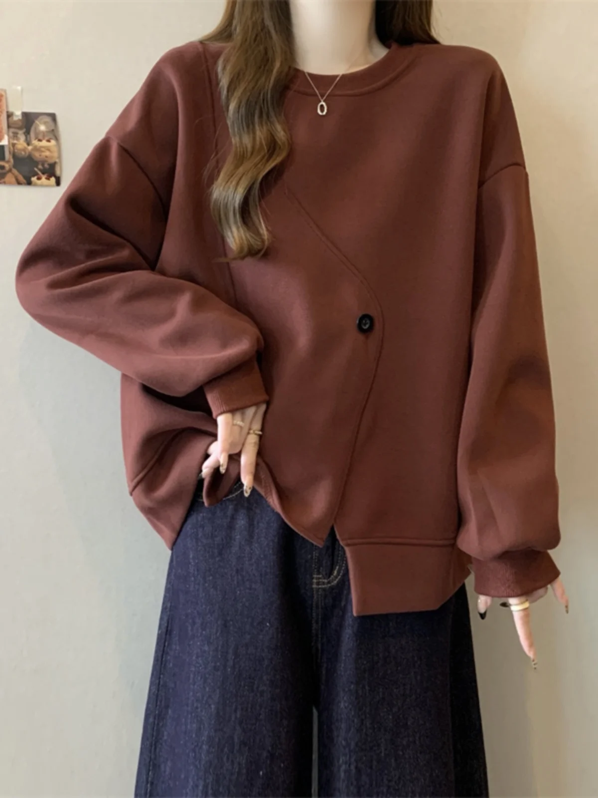 Irregular Sweatshirt Women's Spring Autumn plus Size Cute Underwear for Plump Girls Chic Top Layering Korean Style round Neck...
