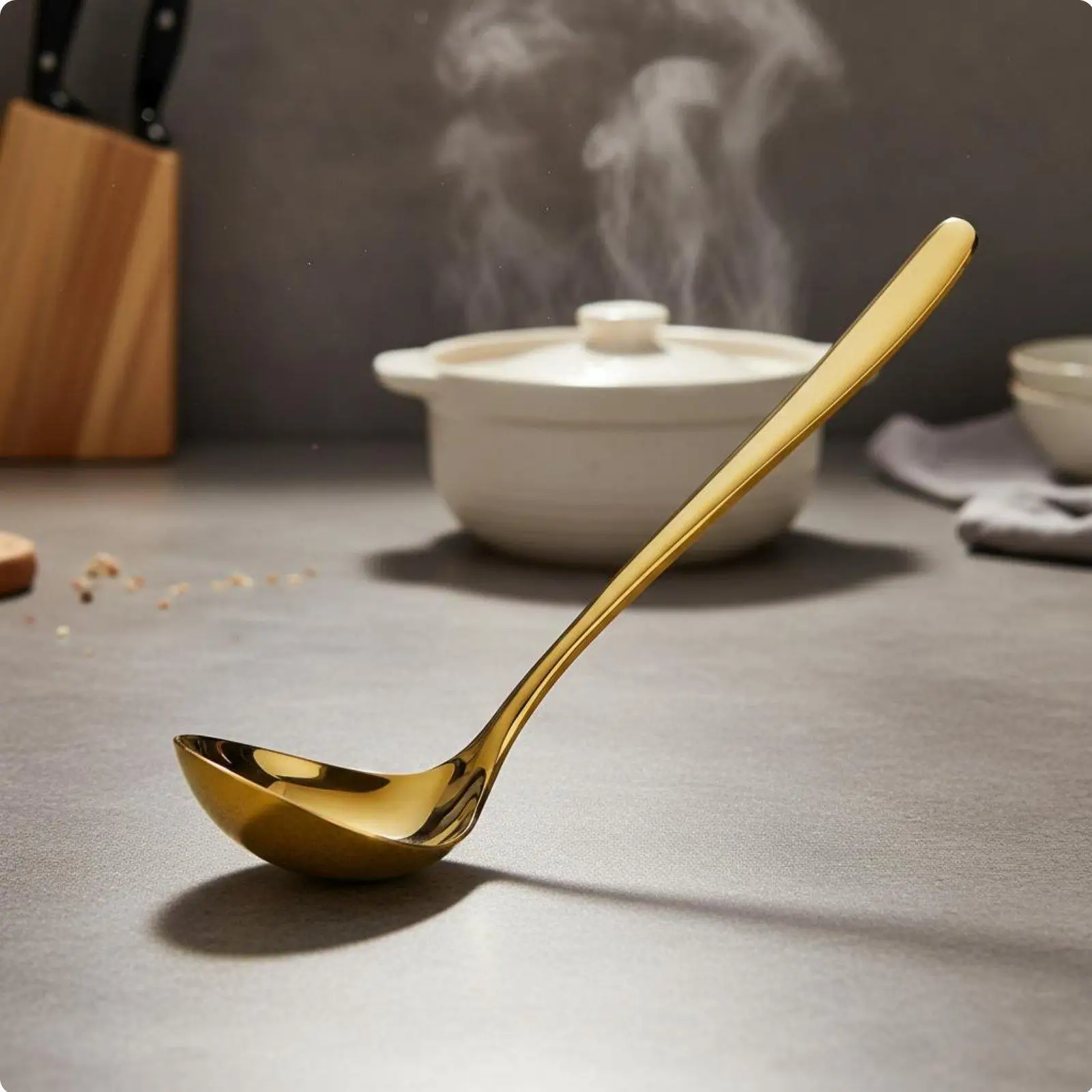 Gold Stainless Steel Spoon Set of 6 Long Handle Soup Ladle for Kitchen Serving Broth and Stew