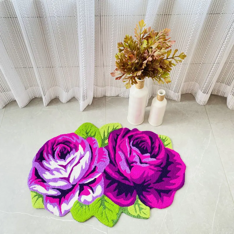 Rose Flower Rug Plush Embroidery Home Decor Carpet Living Room Bedroom Floor Mat Bathroom Bathtub Doormat 80x55cm Dropshipping