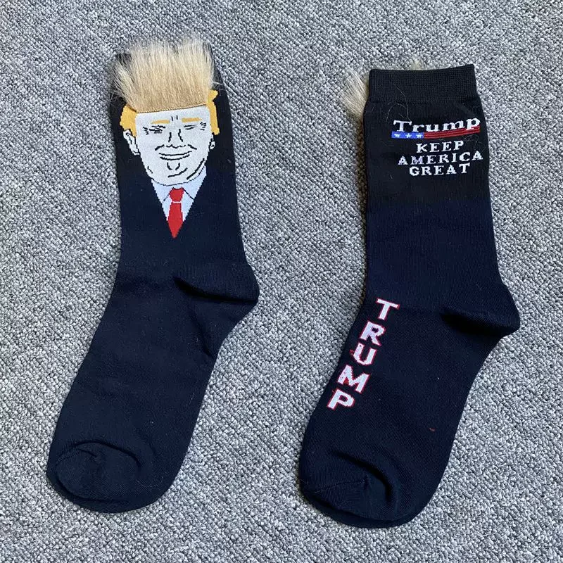 Funny and Funny Donald Trump Presidential Socks With 3D Fake Hair Round Neck Socks for Men\'s Street Clothing Hip Hop Socks