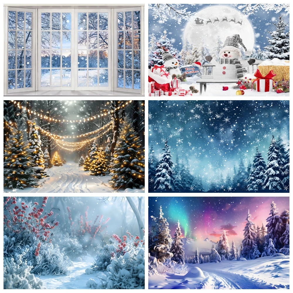 

Winter Snowman Background Forest Natural Scenery Pine Tree Snowflake Christmas Tree Baby Portrait Photography Backdrop Decor