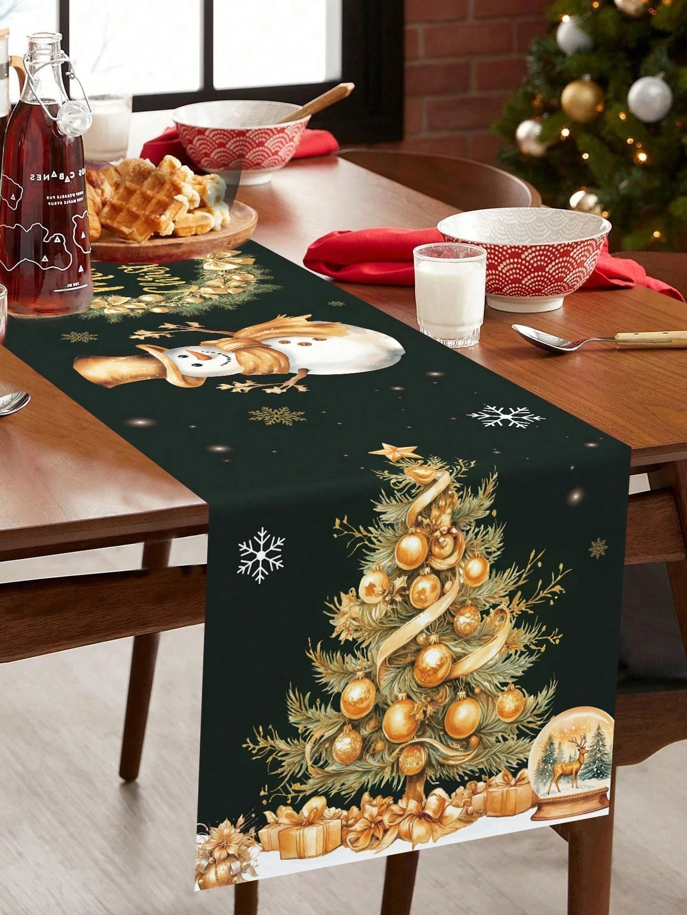 1pc Black Gold Christmas Decor  Table Runner  Christmas Tree/Wreath/Snowman Pattern, Flat Print, Ideal for Merry Christmas Party