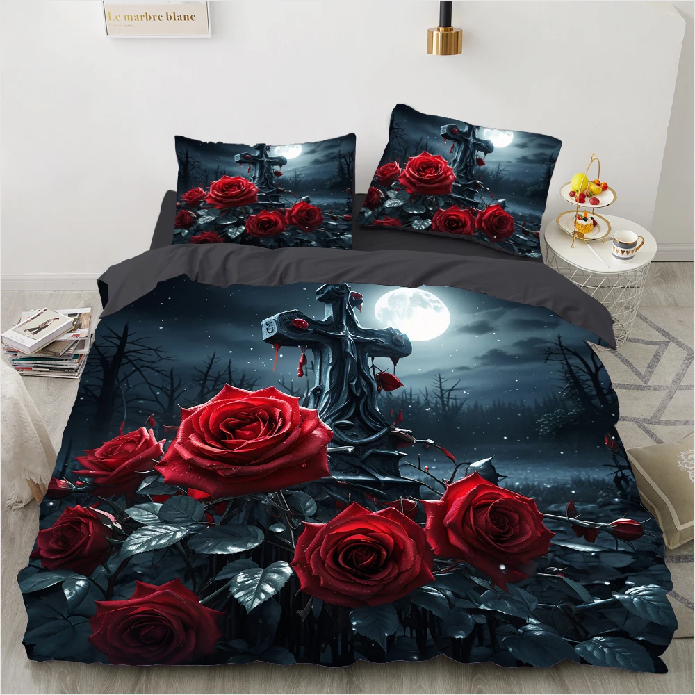 Red Roses Duvet Cover Set Queen Size King Full 3D Bedding Sets Cross Cemetery Halloween Quilt/Comforter Cover sets Linens Bed