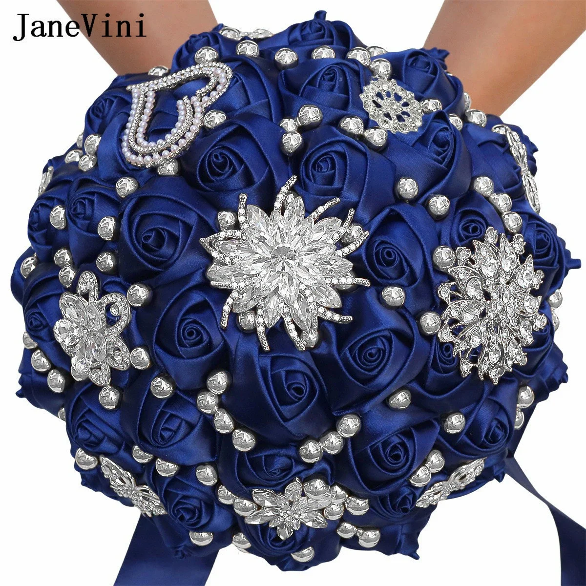 

JaneVini Elegant Navy Blue Wedding Flowers Bridal Bouquets with Rhinestones Silver Crystals Jewelry Bride Bridesmaid Bouquet New