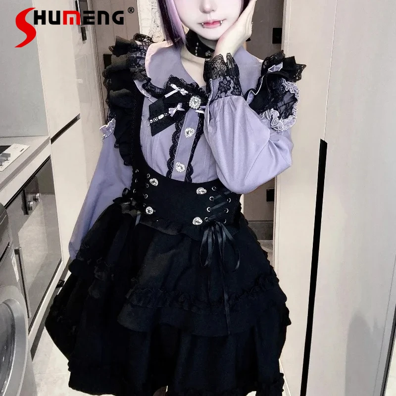 

2025 Autumn New Lace Series Mass-Produced Shirt And Strap Dress Set Japanese Rojita Purple Pink Black White 3 Colors Available