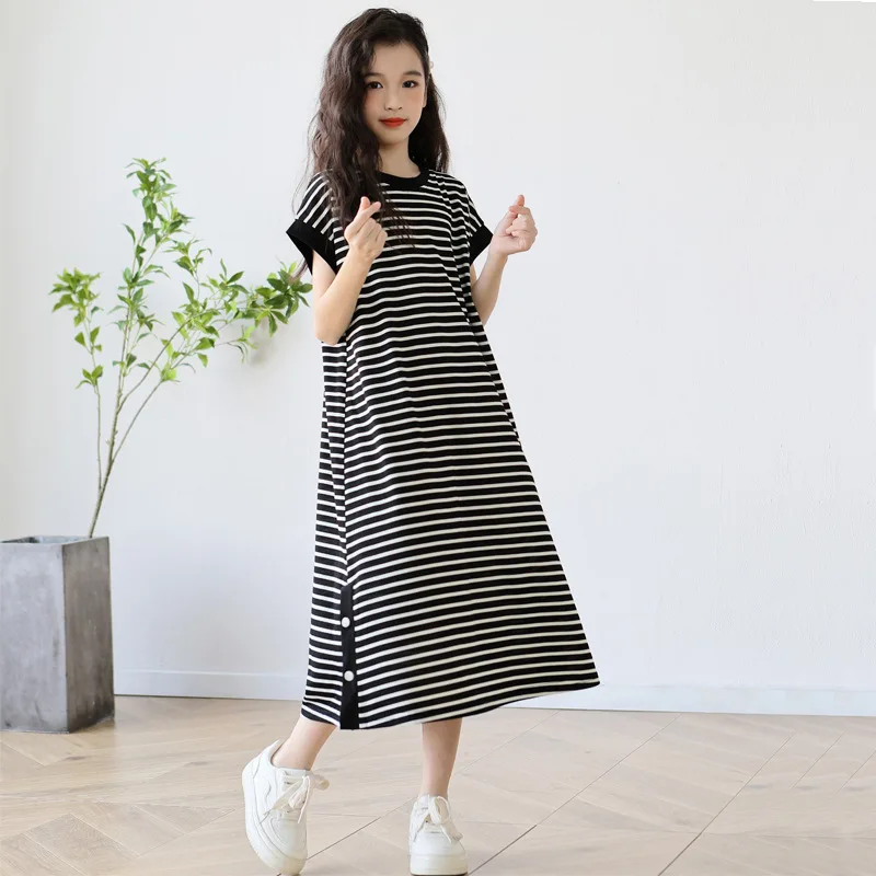 Kids Dress Straight 2024 New Summer Black Striped Girls Maxi Long Short Sleeve Princess T Shirts Dresses For Girls Side Slit